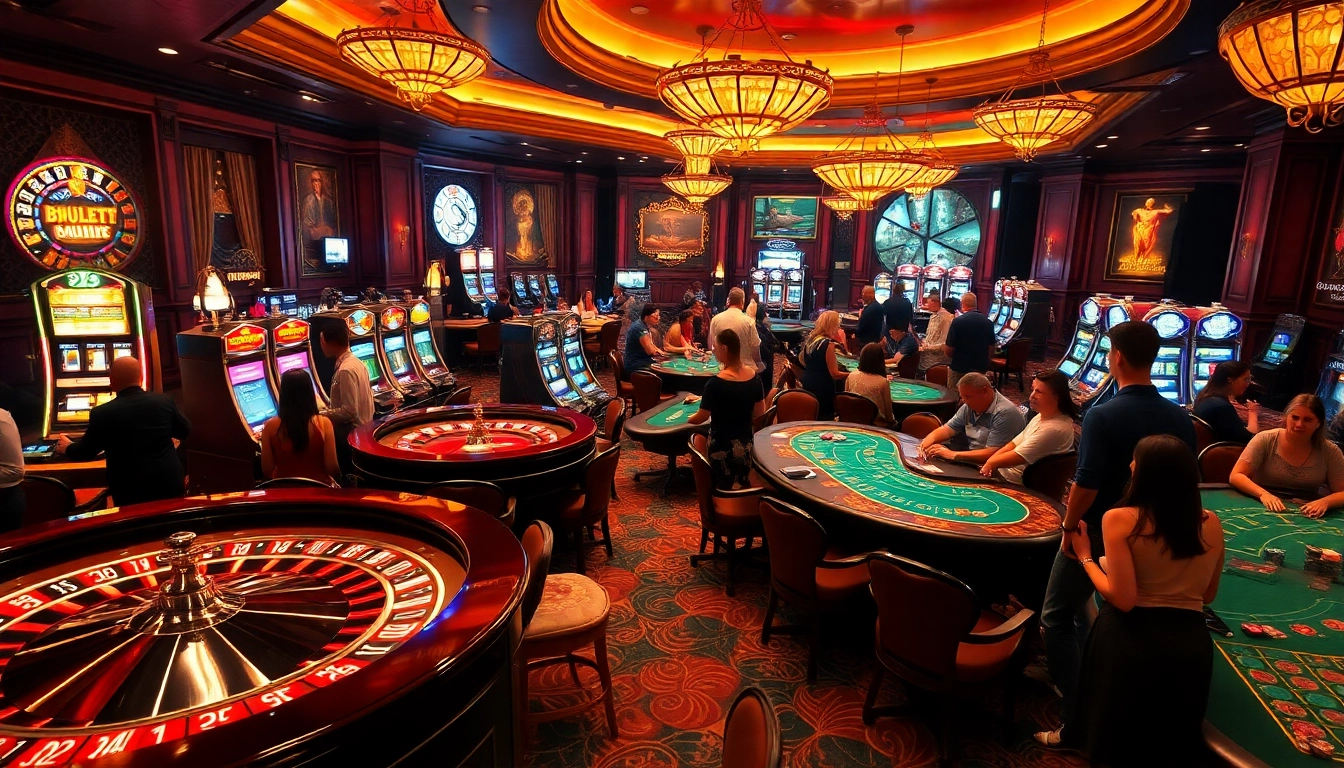 Cakhiatv showcases a vibrant casino environment with players engaging at roulette, poker, and slot machines.